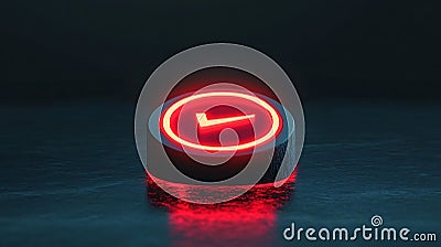 A glowing red pause vector action icon floating over a dark Stock Photo
