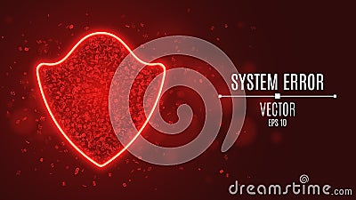 A glowing red shield of programming symbols. System error. High-tech neon shield. Strong protection. Cyber crime Cartoon Illustration