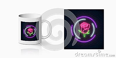 Glowing rose neon sign of flower shop in round frames for cup design. Design of floral store symbol Vector Illustration