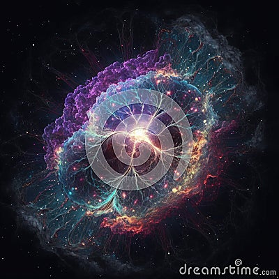 Glowing sentient nebula resembling a complex neural network, with tendrils of gas and light extending out in all directions. Cartoon Illustration