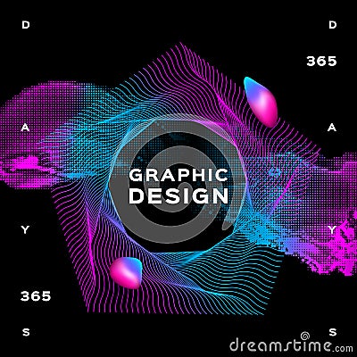 Glowing shapes liquid dynamic flow on black background. Trendy fluid poster design, Gradient futuristic composition Vector Illustration