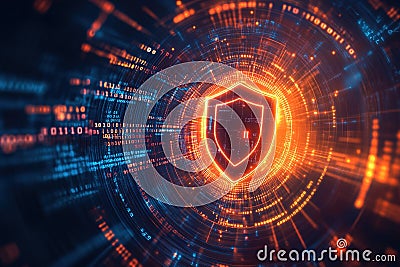 A glowing shield icon is surrounded by vibrant binary code, symbolizing security and protection in a digital landscape Stock Photo