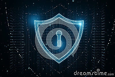 Glowing shield with keyhole on abstract background. Security and protection concept. 3D Rendering Stock Photo