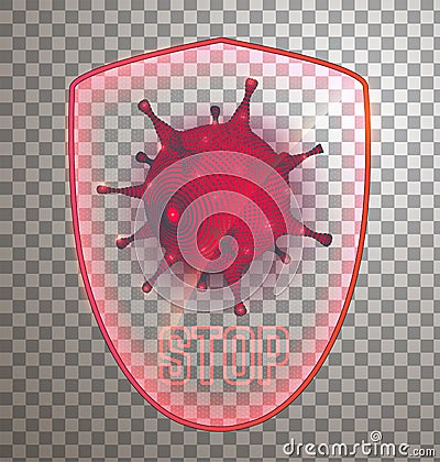 Glowing shield with vector coronavirus cell Vector Illustration