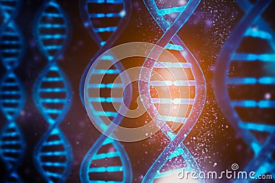 Glowing and shining DNA strands double helix close-up. Medical, biology, microbiology, genetics 3D rendering illustration concept Cartoon Illustration