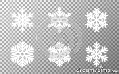 Glowing snowflakes set on transparent backdrop. Shining flakes collection. Christmas luxury decoration. Bright white Vector Illustration