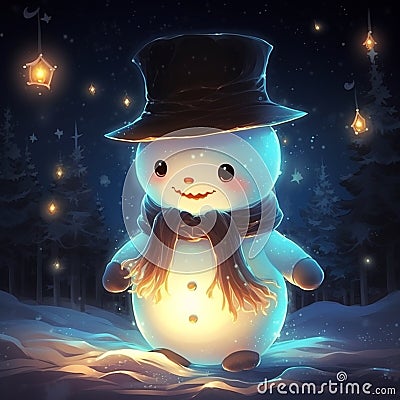 Glowing Snowman Cartoon in the Jungle, Shining stary night, ai generated Stock Photo
