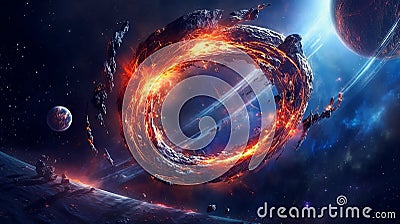 Glowing spaceship orbits planet in starry galaxy Stock Photo