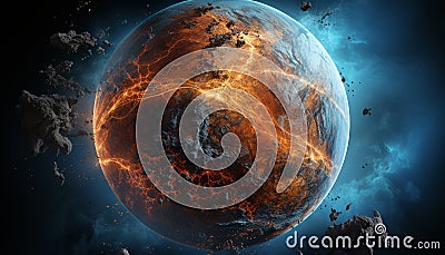 Glowing sphere orbits dark planet, illuminating abstract milky way generated by AI Stock Photo