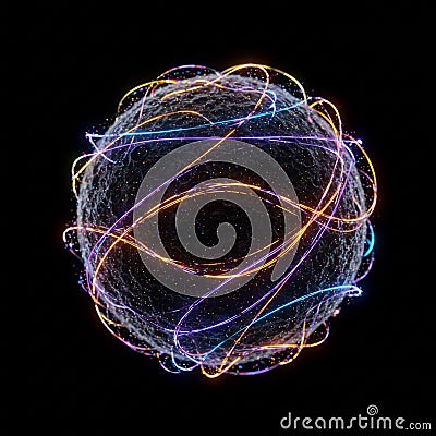 A glowing, spherical mesh comprised of a complex network of multicolored light Stock Photo