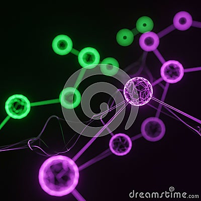 Glowing spherical nodes interconnected by thin lines form a complex network against Stock Photo