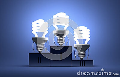 Glowing spiral light bulb characters on podium Stock Photo