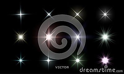 Glowing star lights effect, lens flare and bright explosion effect. Vector isolated color star light flash and sparkle rays set Vector Illustration