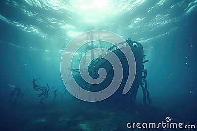 Glowing sunken pirate ship underwater with a giant squid. generative ai AIG32 Stock Photo