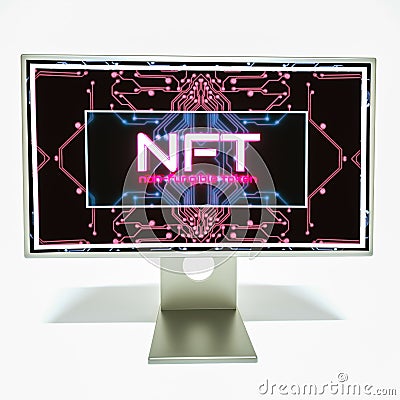 Glowing three-dimensional inscription NFT against the background of glowing lines of circuit boards on the monitor screen. crypto Stock Photo