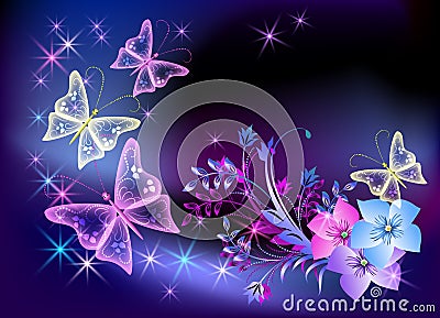 Glowing transparent flowers and butterfly Vector Illustration