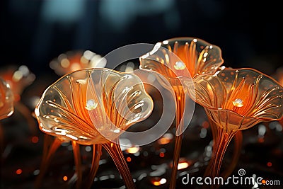 Glowing transparent orange mushrooms in forest at night Stock Photo