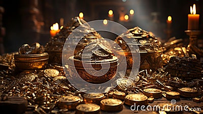 Glowing Treasure in a room with piles of gold. Stock Photo