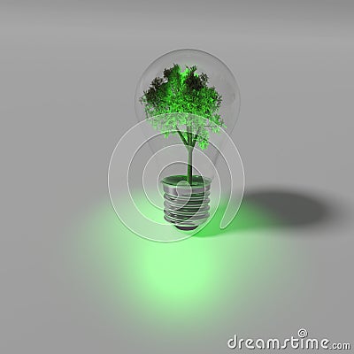 Glowing tree inside a light bulb in a dark room Cartoon Illustration