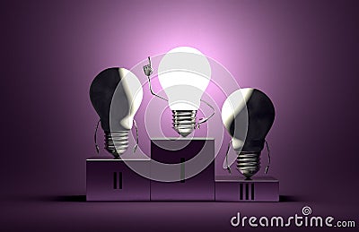 Glowing tungsten light bulb character and dead ones on podium Stock Photo