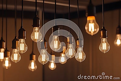 Glowing tungsten light bulbs with a warm golden light hanging from the ceiling Stock Photo