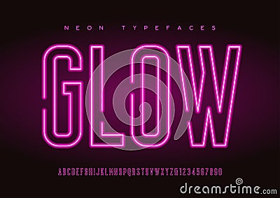 Glowing vector linear neon typefaces, alphabet, letters, font, t Vector Illustration