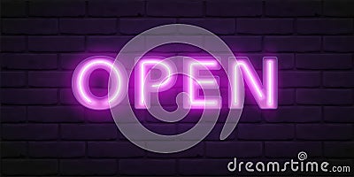 Glowing violet neon script OPEN. Vector font for typography design. Bright font with fluorescent tubes in boxing Vector Illustration