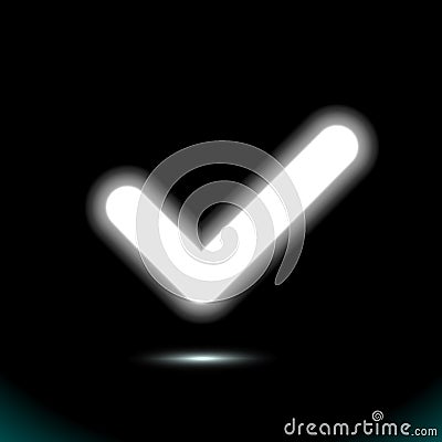 A glowing white lamp checkmark icon, tick symbol. Modern ui element. Fluorescent Design presentation, for any background. Vector Vector Illustration