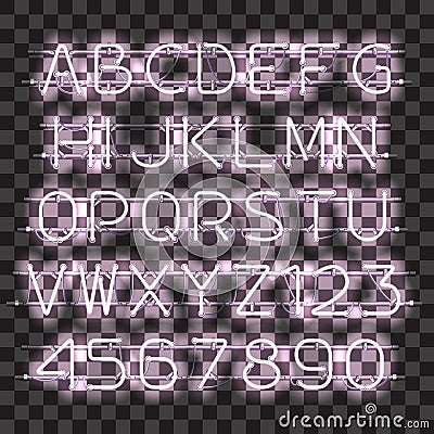 Glowing white neon alphabet and digits. Vector Illustration