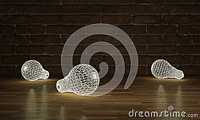 Glowing wireframe blub on Brick wall background and wooden floor Stock Photo