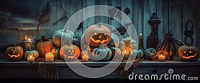 night evil background pumpkin horror blue mystery black halloween fear table. Generative AI. Stock Photo