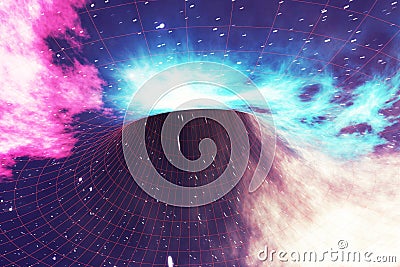 Glowing wormhole in space, interstellar warp, traveling trough space and time. 3d rendering Stock Photo