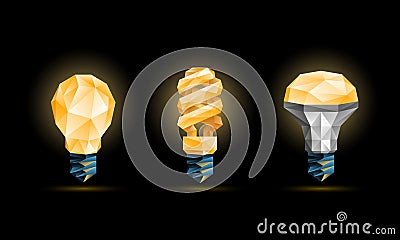 Glowing yellow 3d low poly light bulbs model set. Vector Illustration