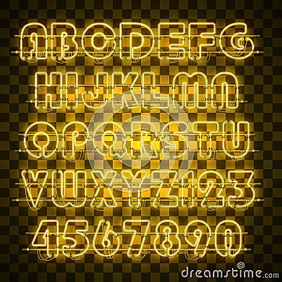 Shining and glowing yellow neon alphabet and digits. Vector Illustration