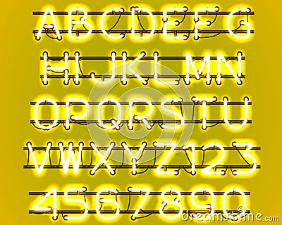 Glowing Yellow Neon Alphabet. Cartoon Illustration