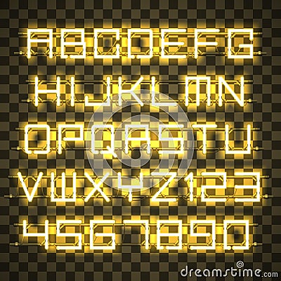 Glowing Yellow Neon Alphabet. Vector Illustration