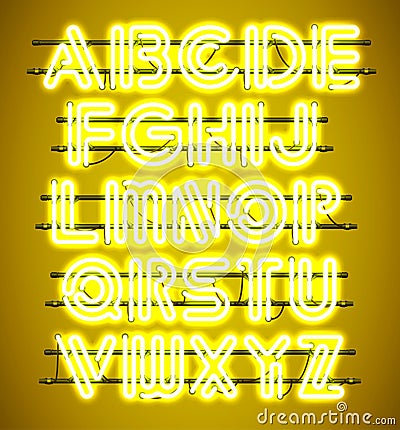 Glowing Yellow Neon Alphabet. Stock Photo