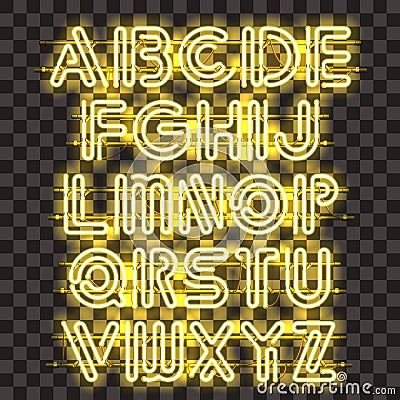 Glowing Yellow Neon Alphabet. Stock Photo