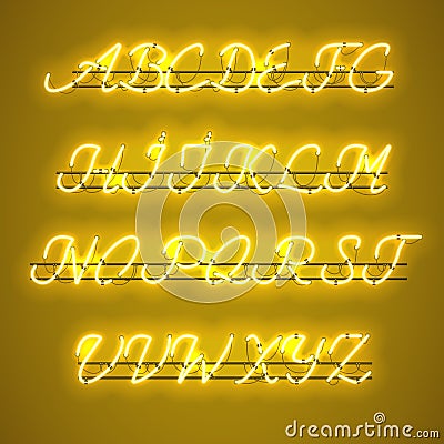 Glowing Yellow Neon uppercase Script Font Vector Illustration