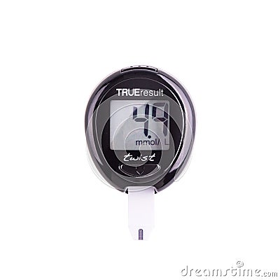 Glucometer for checking blood sugar levels on a white background Editorial Stock Photo