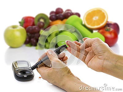 Glucometer for glucose level and healthy organic food Stock Photo