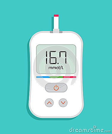 Glucometer icon. Meter for check of level of sugar in blood. High level of glucose on monitor of device. Test on diabetes. Machine Vector Illustration