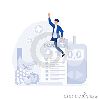 Glucometer for sugar level blood test with diet and unhealthy food, Vector Illustration