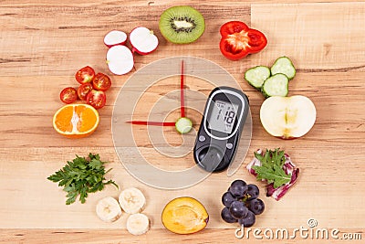 Glucometer with sugar level and fruits with vegetables in shape of clock, healthy breakfast for diabetics concept Stock Photo