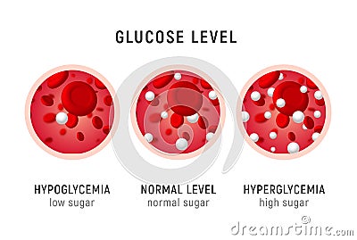Glucose blood level sugar test. Diabetes insulin hypoglycemia or hyperglycemia diagram icon Vector Illustration