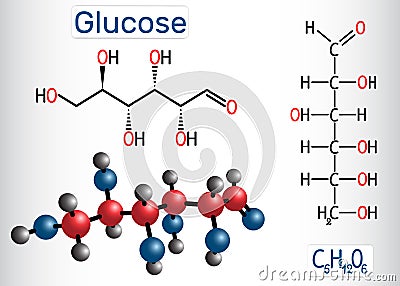 Glucose dextrose, D-glucose molecule. Linear form. Structural chemical formula and molecule model Vector Illustration