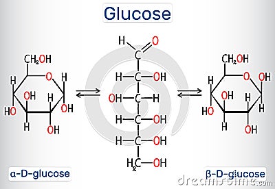Glucose dextrose, D-glucose molecule. Ð¡yclic and acyclic forms. Structural chemical formula and molecule model Vector Illustration
