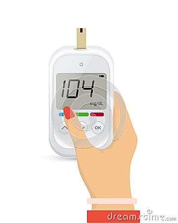 Glucose sugar test in hand icon. Glucometer vector blood monitor. Diabetes sugar meter insulin control device Vector Illustration