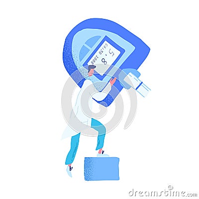 Glucose testing meter or glucometer with normal result on display. Rising of blood sugar level. Electronic tool for Vector Illustration