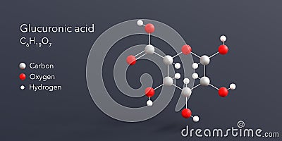 glucuronic acid molecule 3d rendering, flat molecular structure with chemical formula and atoms color coding Stock Photo